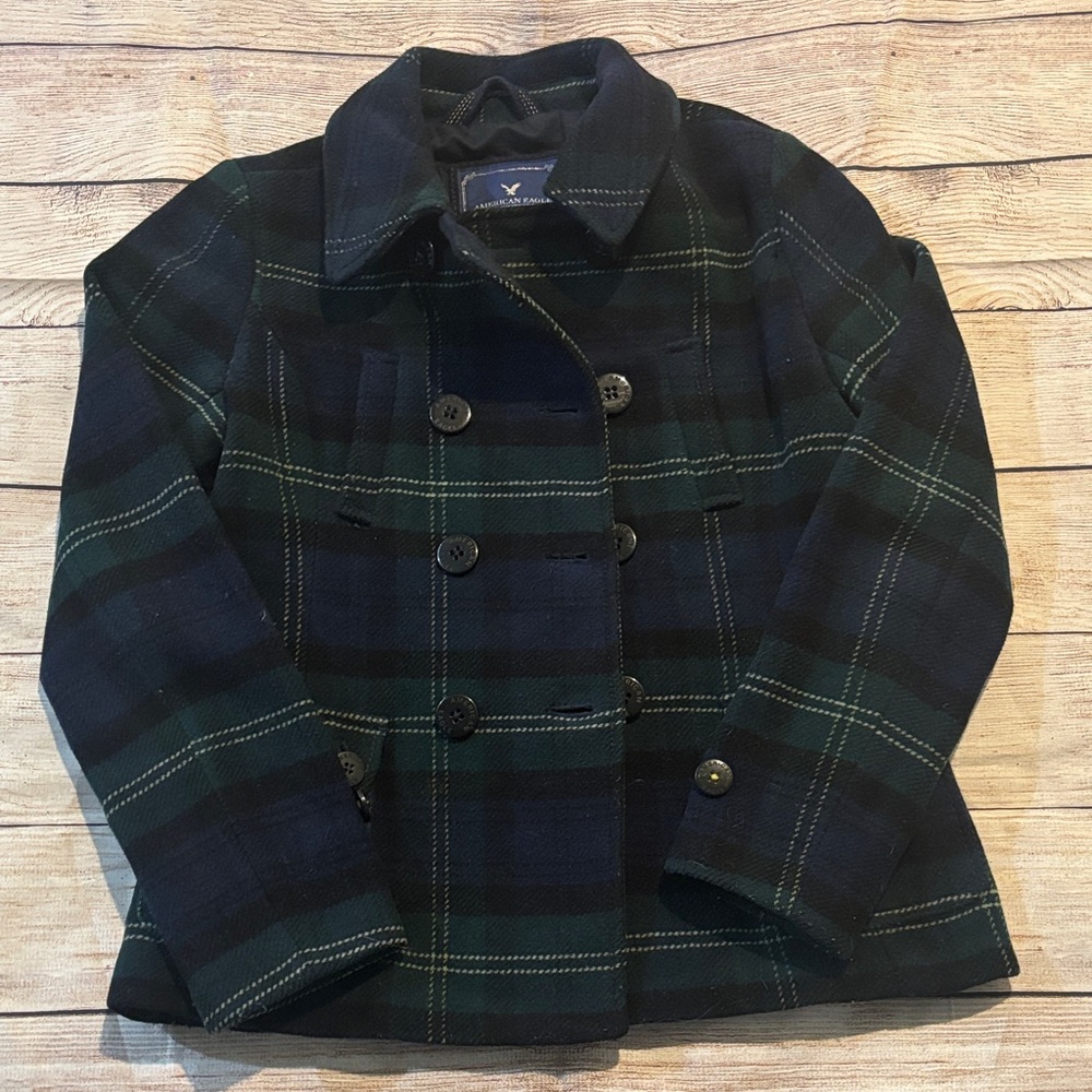 American Eagle Outfitters Plaid Pea Coat - Black and Green
